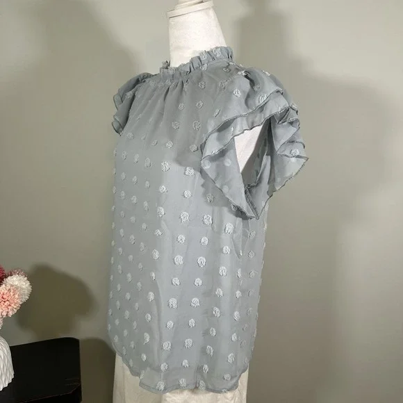 SHEIN Women's Swiss Dot Blouse Baby Blue Medium Ruffle Sleeve - Picture 3 of 8